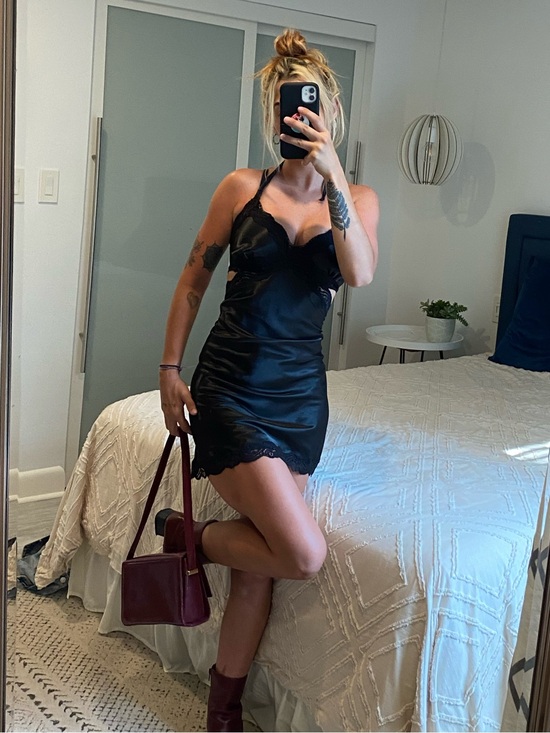 La Vie En Rose Dresses & Skirts - Black Satin Slip Dress with Lace